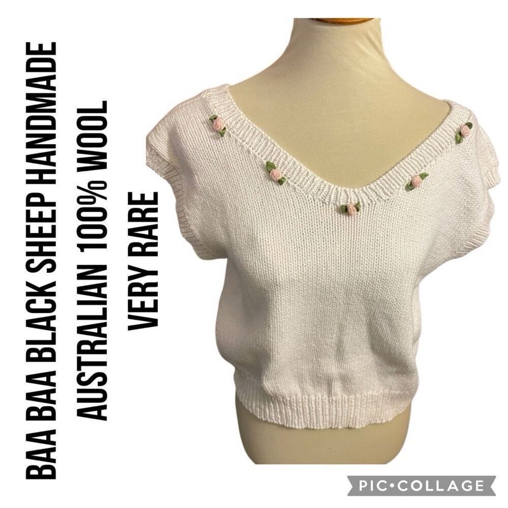 Baa Baa Black Sheep Handmade in Australia White V-Neck Short Sleeve 100% Austral